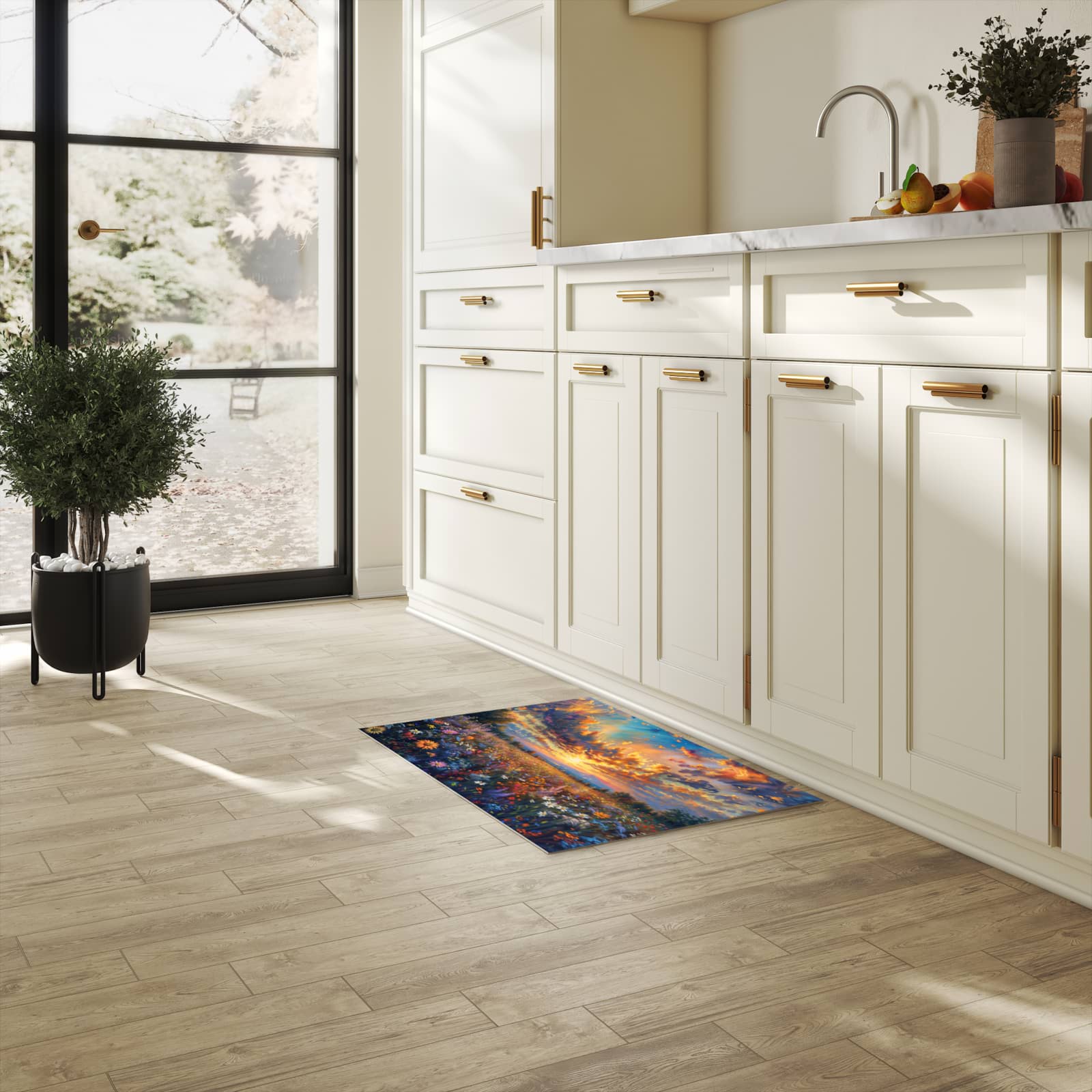 Bodenschonender Küchenteppich mit Motiv Sonnenuntergang von Blumenwiese in heller Küche