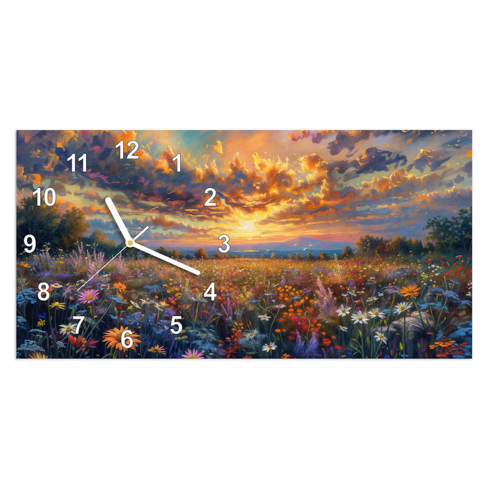 Wanduhr Wildblumenwiese Abendrot aus Glas – Querformat 60 × 30 cm mit Ziffernblatt Modern