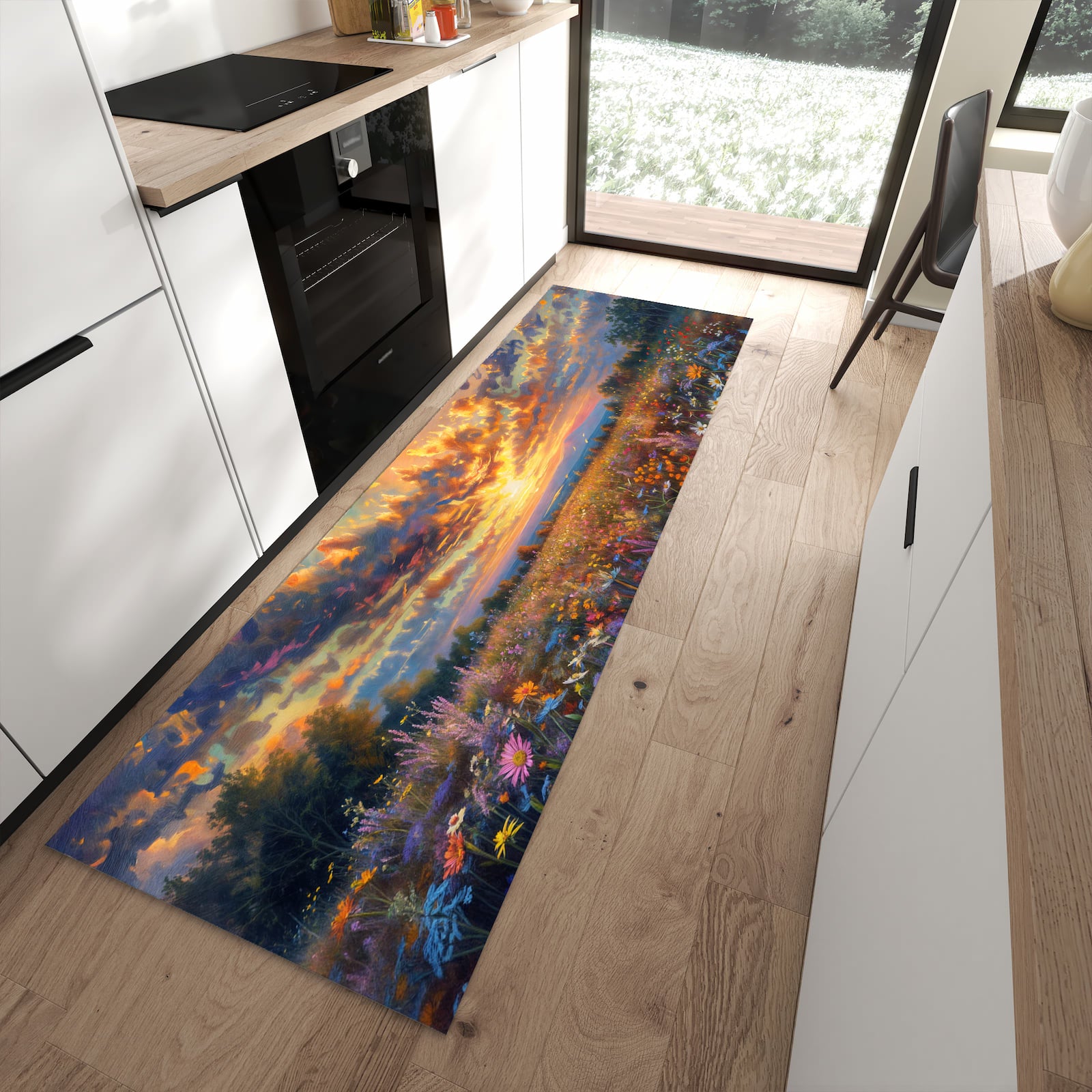 Schmutzabweisender Küchenteppich mit Motiv Sonnenuntergang von Blumenwiese in moderner Küche