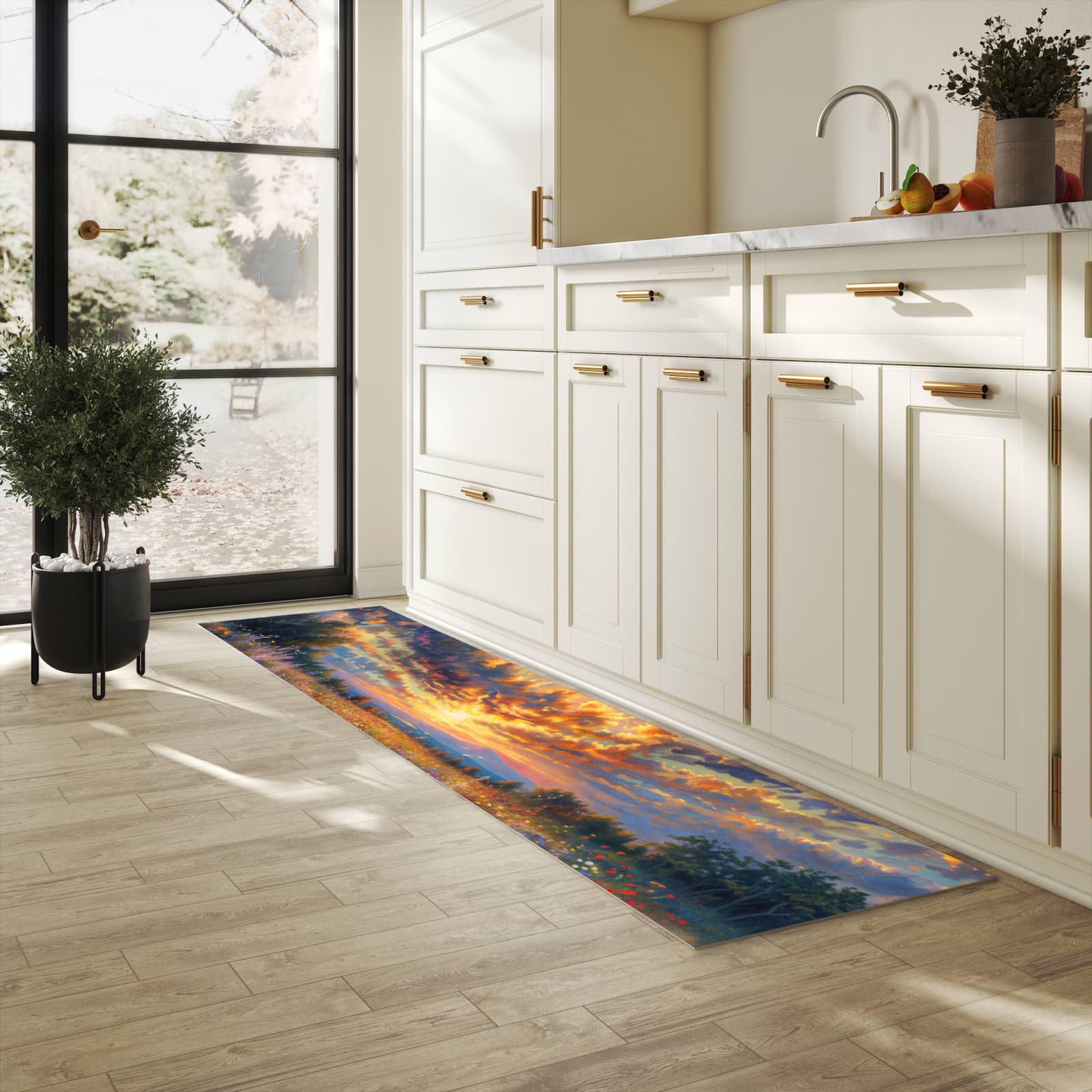 Rutschfester Bodenläufer-Teppich mit Motiv Sonnenuntergang von Blumenwiese in heller Küche