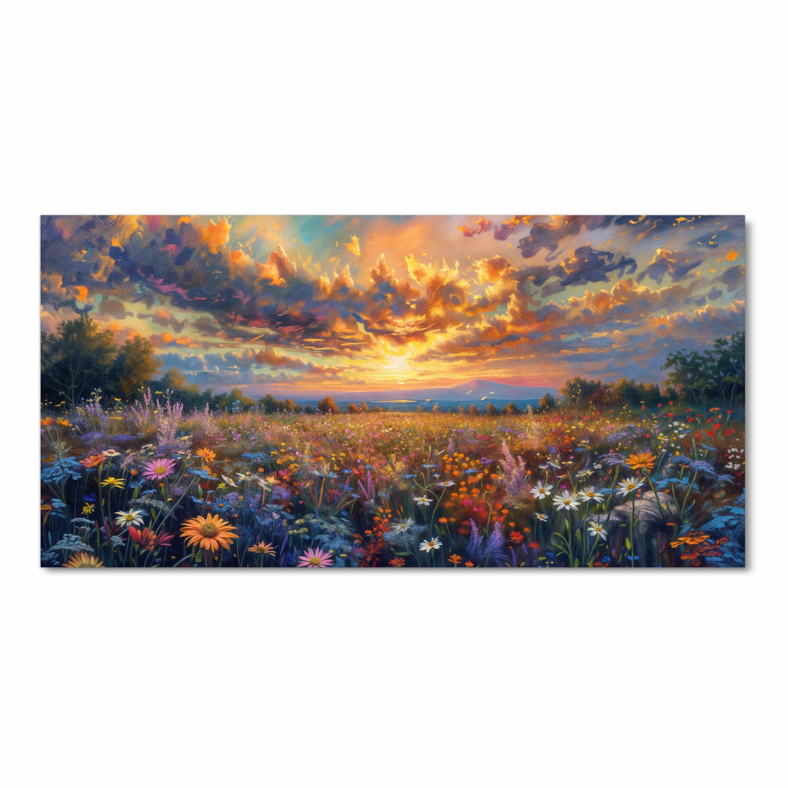 Feuchtigkeitsresistenter Küchenläufer mit Motiv Sonnenuntergang von Blumenwiese in Frontansicht