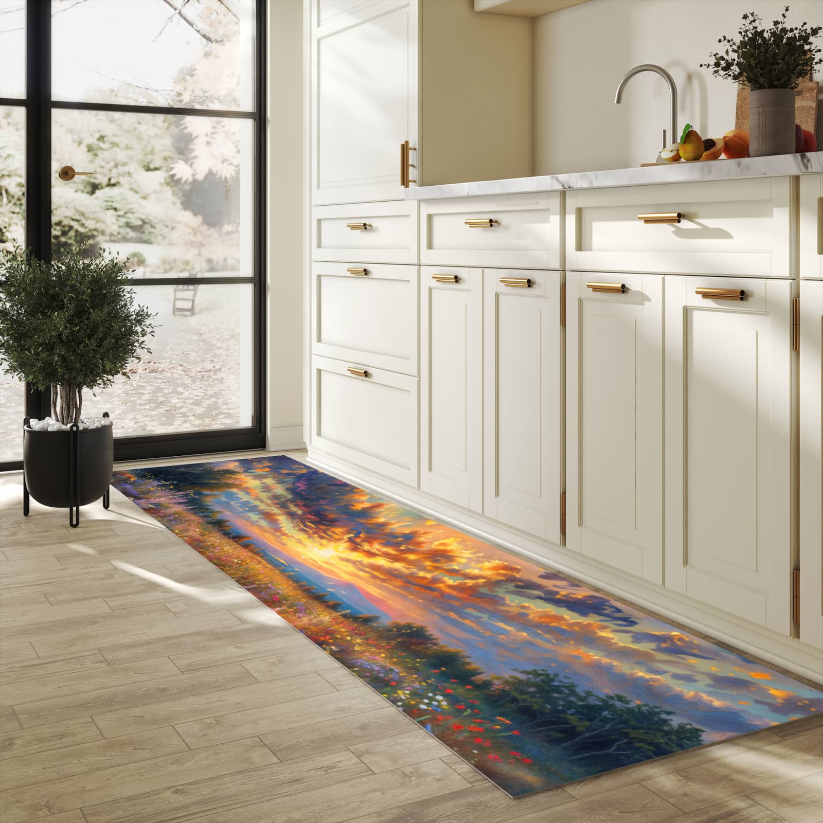 Formstabiler waschbarer Küchenteppich mit Motiv Sonnenuntergang von Blumenwiese in heller Küche