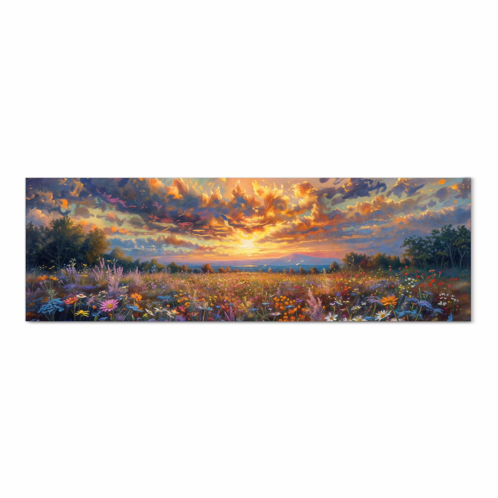 Zeitsparender Küchenteppich mit Motiv Sonnenuntergang von Blumenwiese in Frontansicht
