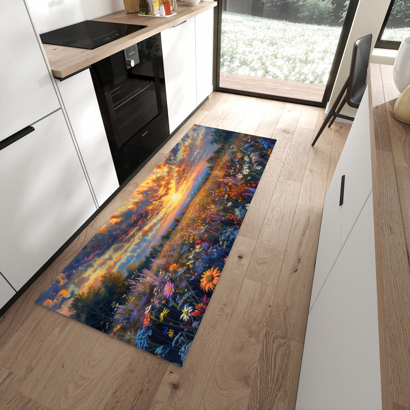Fleckenresistenter waschbarer Küchenteppich mit Motiv Sonnenuntergang von Blumenwiese in moderner Küche