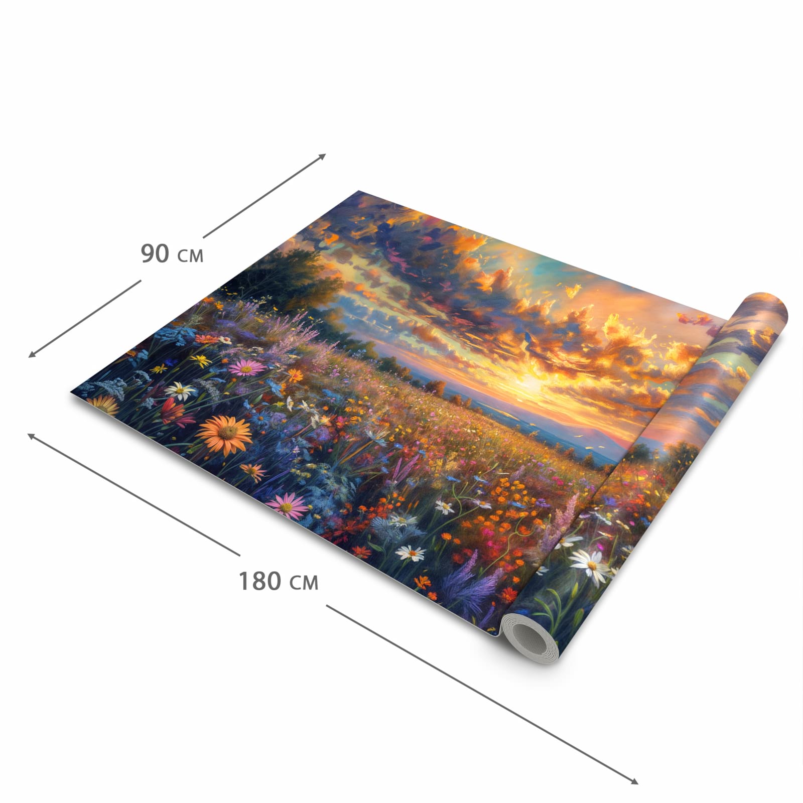 Pflegeleichter moderner Küchenläufer mit Motiv Sonnenuntergang von Blumenwiese in der Größe 80x280 cm