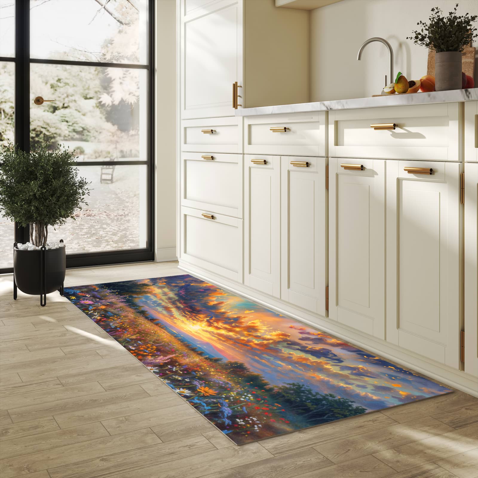 Zeitsparender großer Küchenteppich mit Motiv Sonnenuntergang von Blumenwiese in heller Küche
