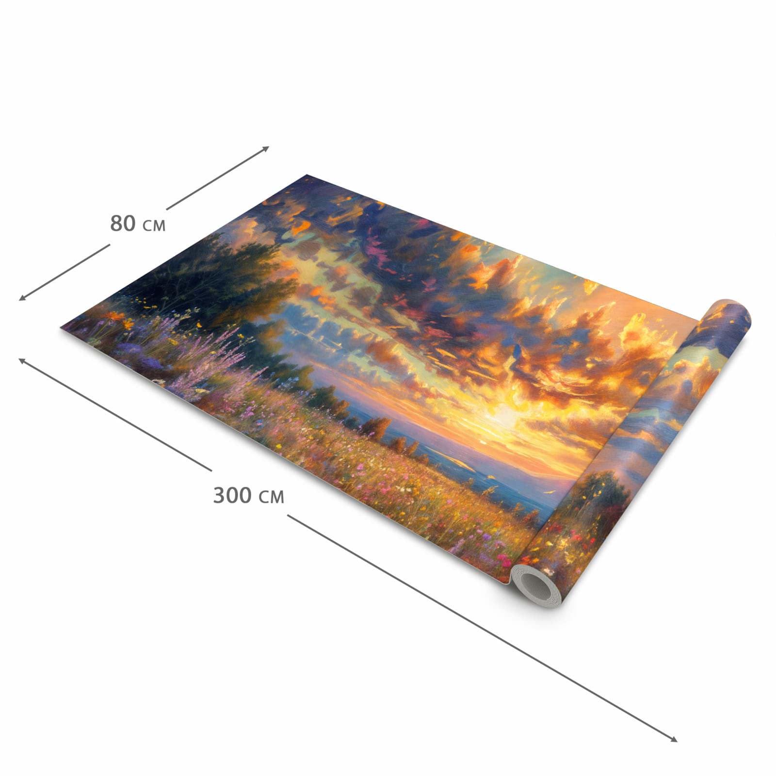 Flacher rutschfester Küchenläufer mit Motiv Sonnenuntergang von Blumenwiese in der Grösse 80x280 cm