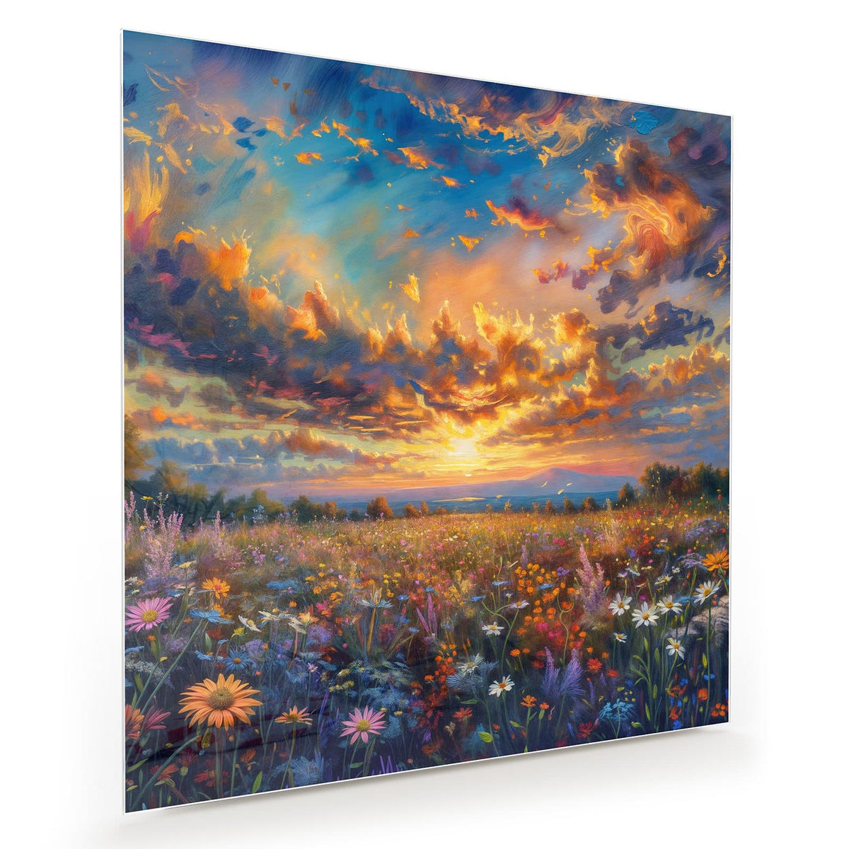 Gemalte Wildblumenwiese unter dramatisch aufgerissenem Abendhimmel, impressionistisch