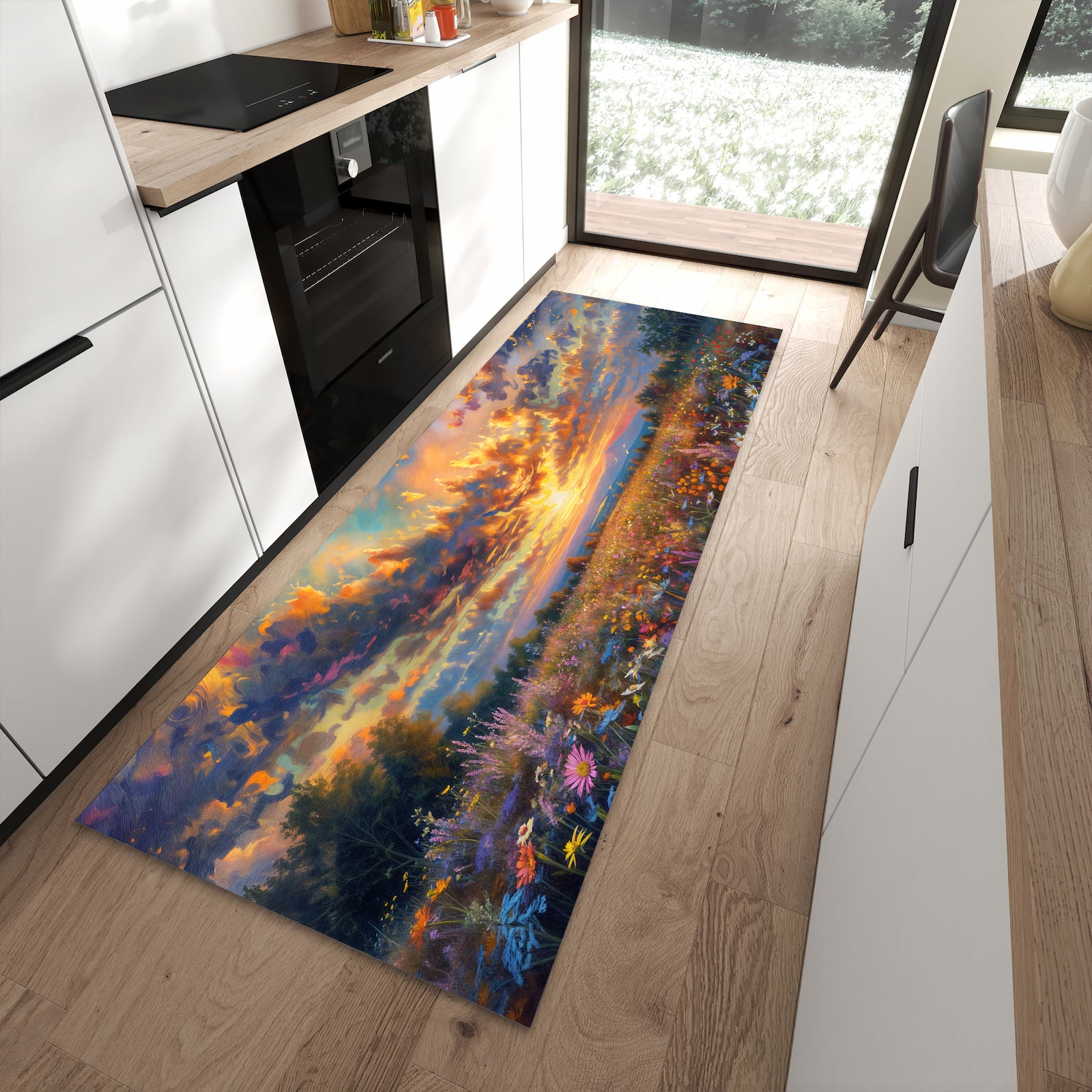 Pflegeleichter waschbarer Küchenteppich mit Motiv Sonnenuntergang von Blumenwiese in moderner Küche