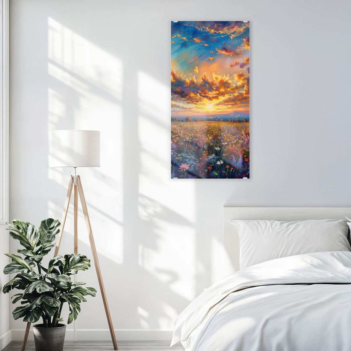 Glasbild Gemalte Wildblumen an der Wand – Gemalte Wildblumenwiese unter dramatisch aufgerissenem Abendhimmel, impressionistisch