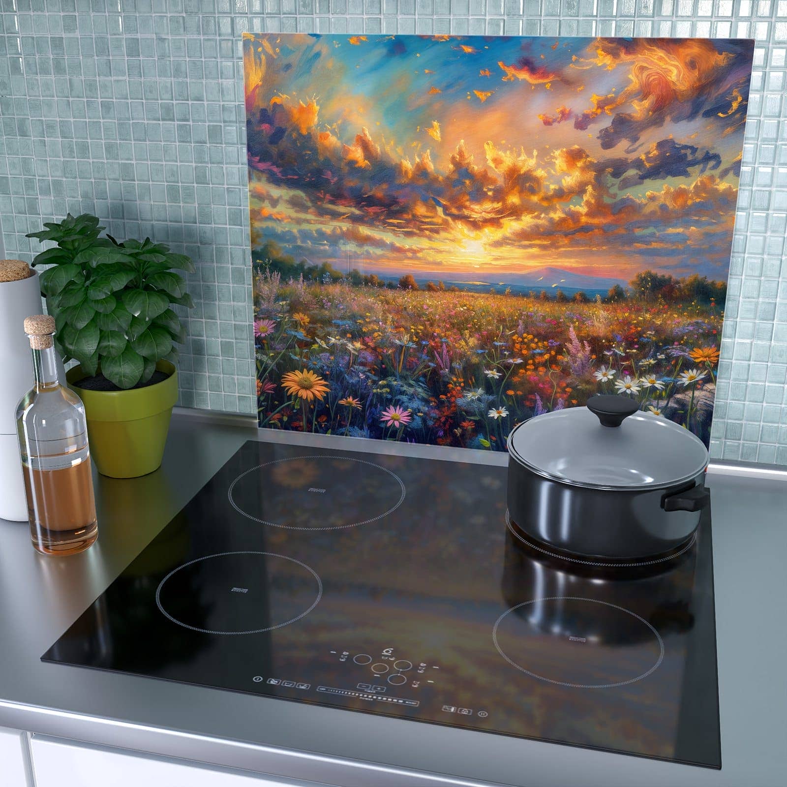 1-teilige Herdabdeckplatte für Ceranfeld mit Wildblumenwiese Abendrot-Motiv als Spritzschutz