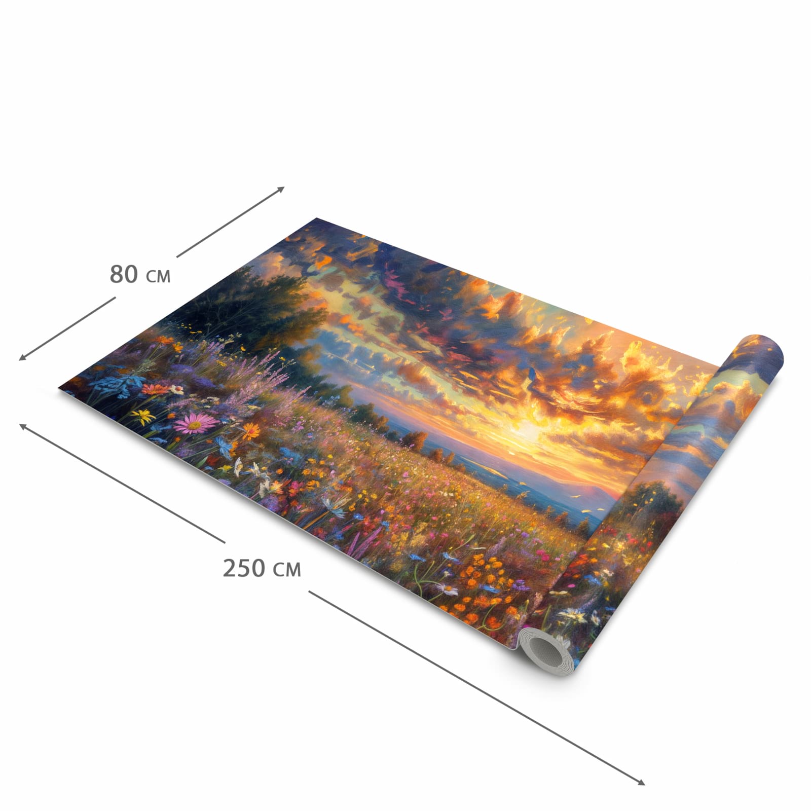 Geruchsneutraler rutschfester Küchenläufer mit Motiv Sonnenuntergang von Blumenwiese in der Grösse 80x280 cm