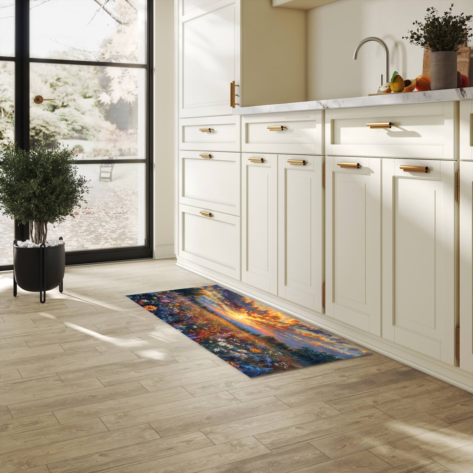 Strapazierfähiger Teppich für Esstisch mit Motiv Sonnenuntergang von Blumenwiese in heller Küche