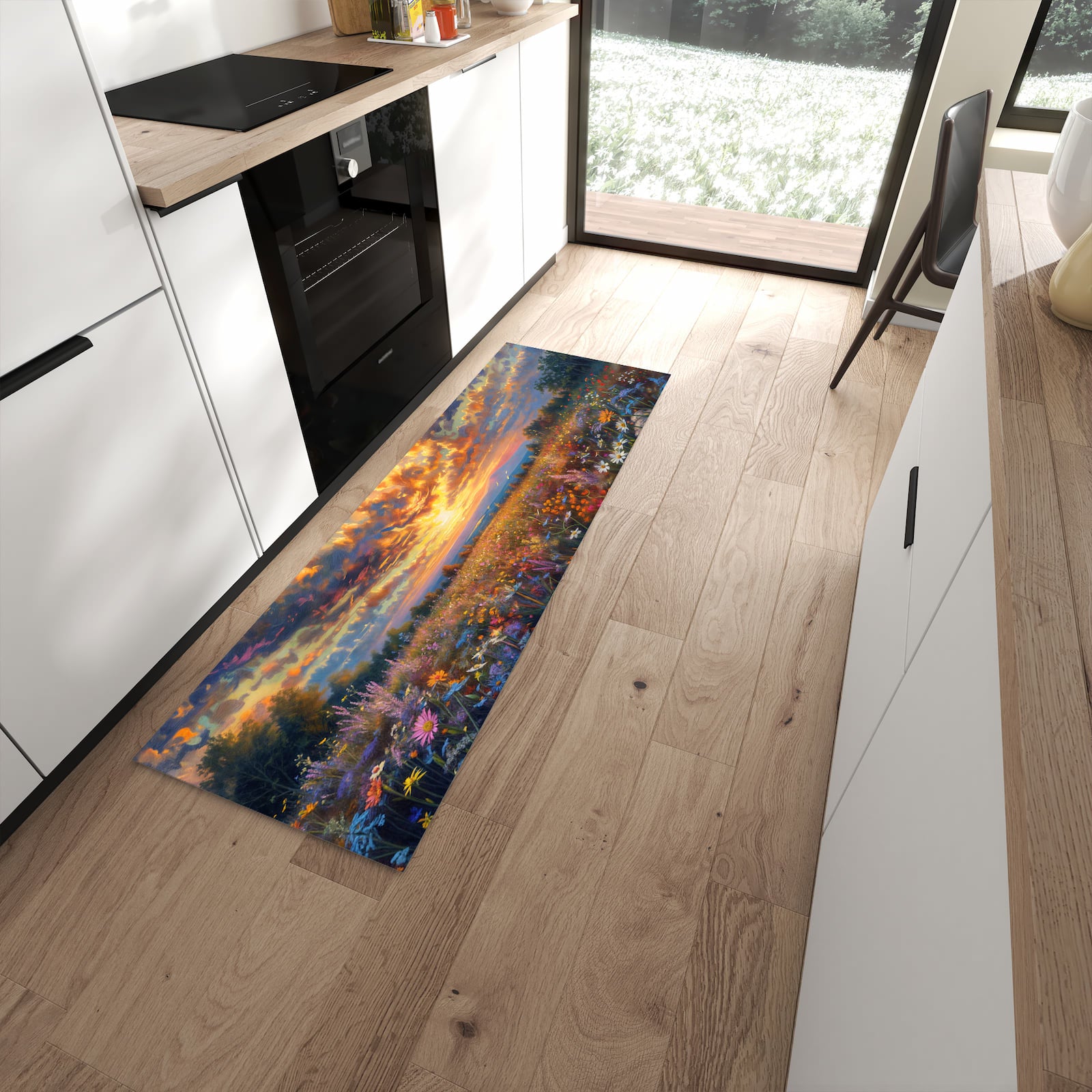 Geräuschdämpfender Teppich für Esstisch mit Motiv Sonnenuntergang von Blumenwiese in moderner Küche