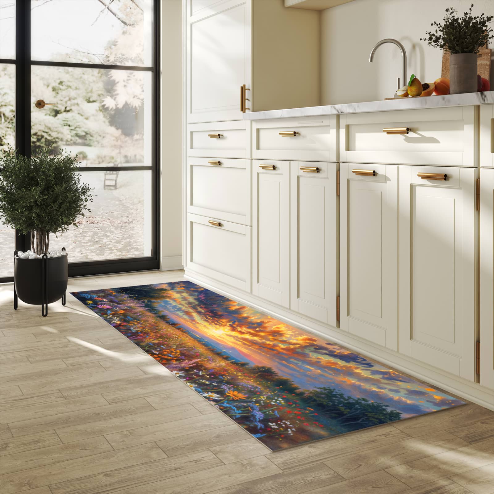 Bodenschonender rutschfester Küchenteppich mit Motiv Sonnenuntergang von Blumenwiese in heller Küche