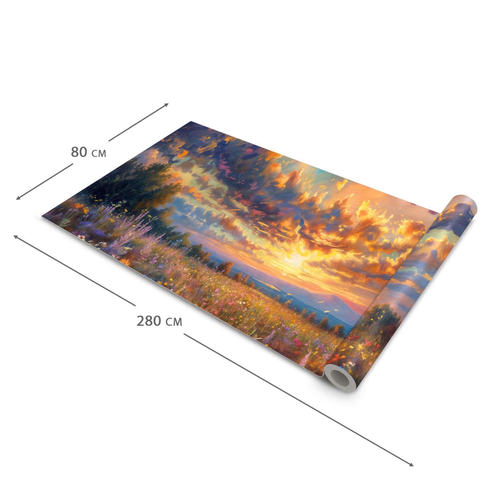 Langlebiger waschbarer Küchenläufer mit Motiv Sonnenuntergang von Blumenwiese in der Grösse 80x280 cm