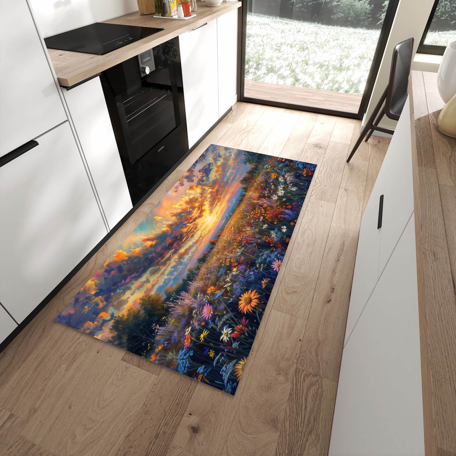 Flacher Küchenteppich mit Motiv Sonnenuntergang von Blumenwiese in moderner Küche - waschbar