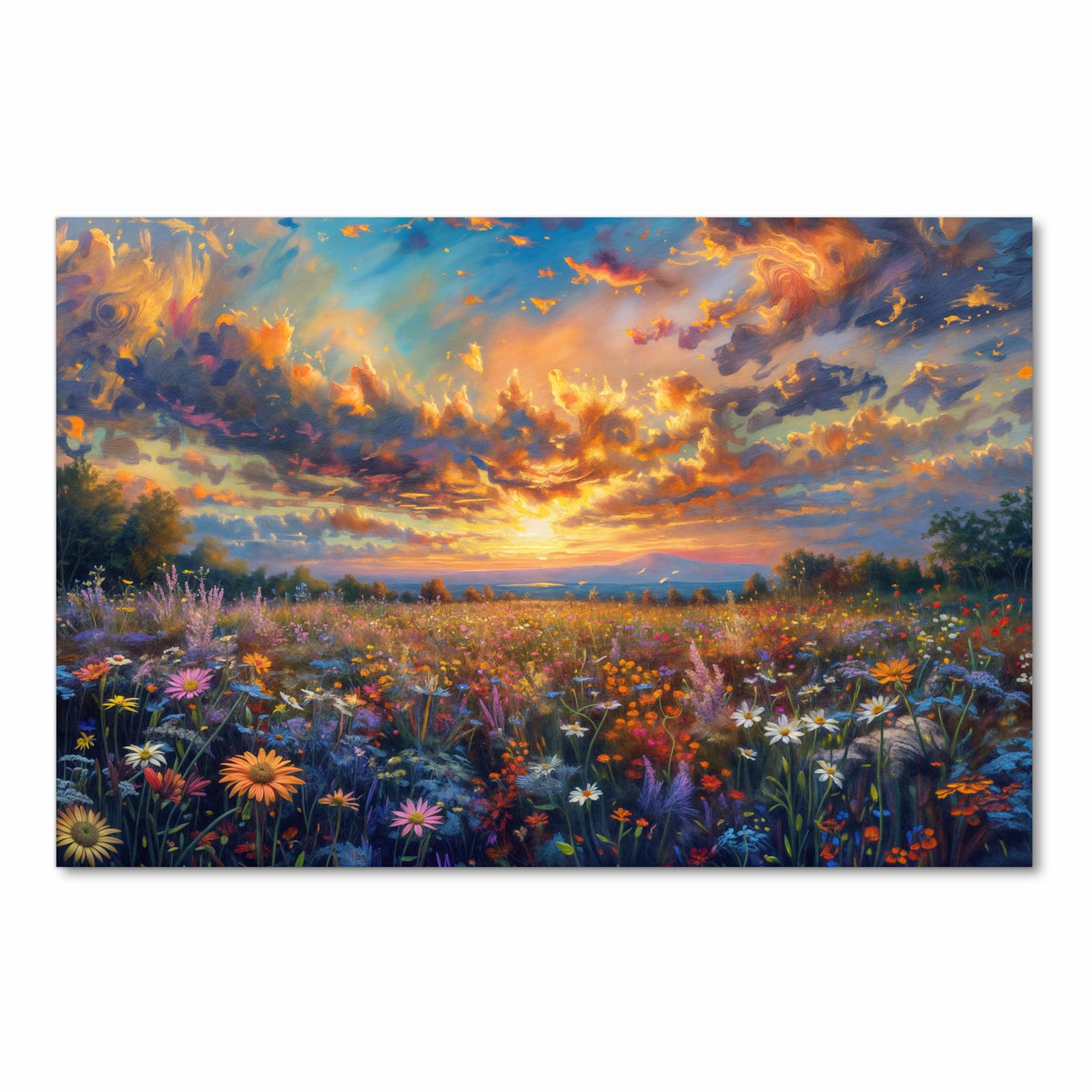 Küchenteppich mit Motiv Sonnenuntergang von Blumenwiese in Frontansicht für sicheres Aufbewahren