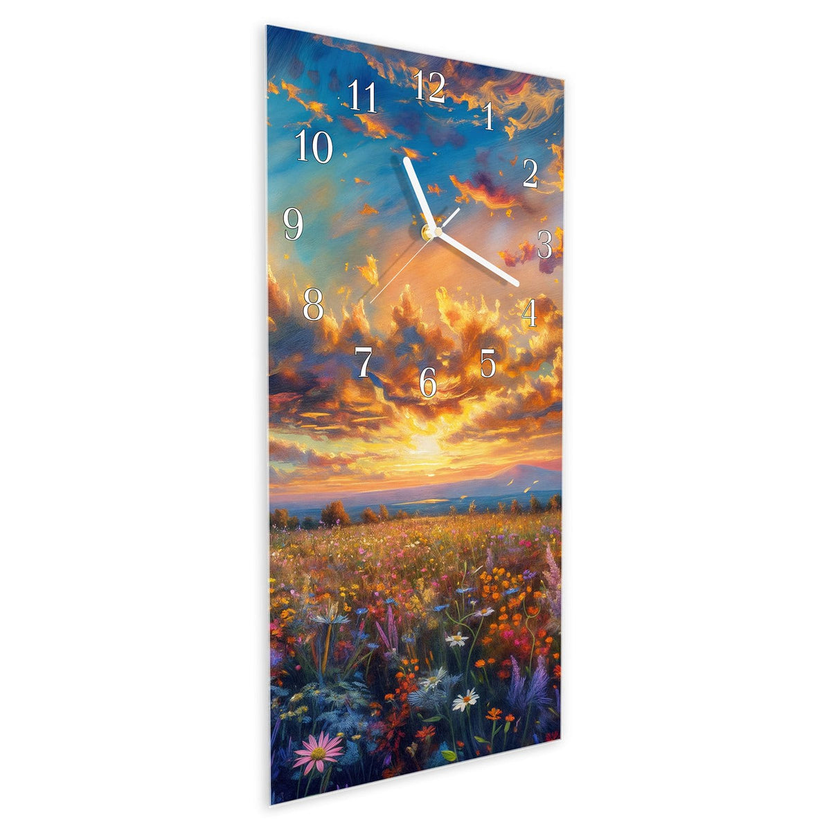 Vormontiert – mit Schwebeeffekt – Wanduhr Wildblumenwiese Abendrot aus Glas – Hochformat 30 × 60 cm