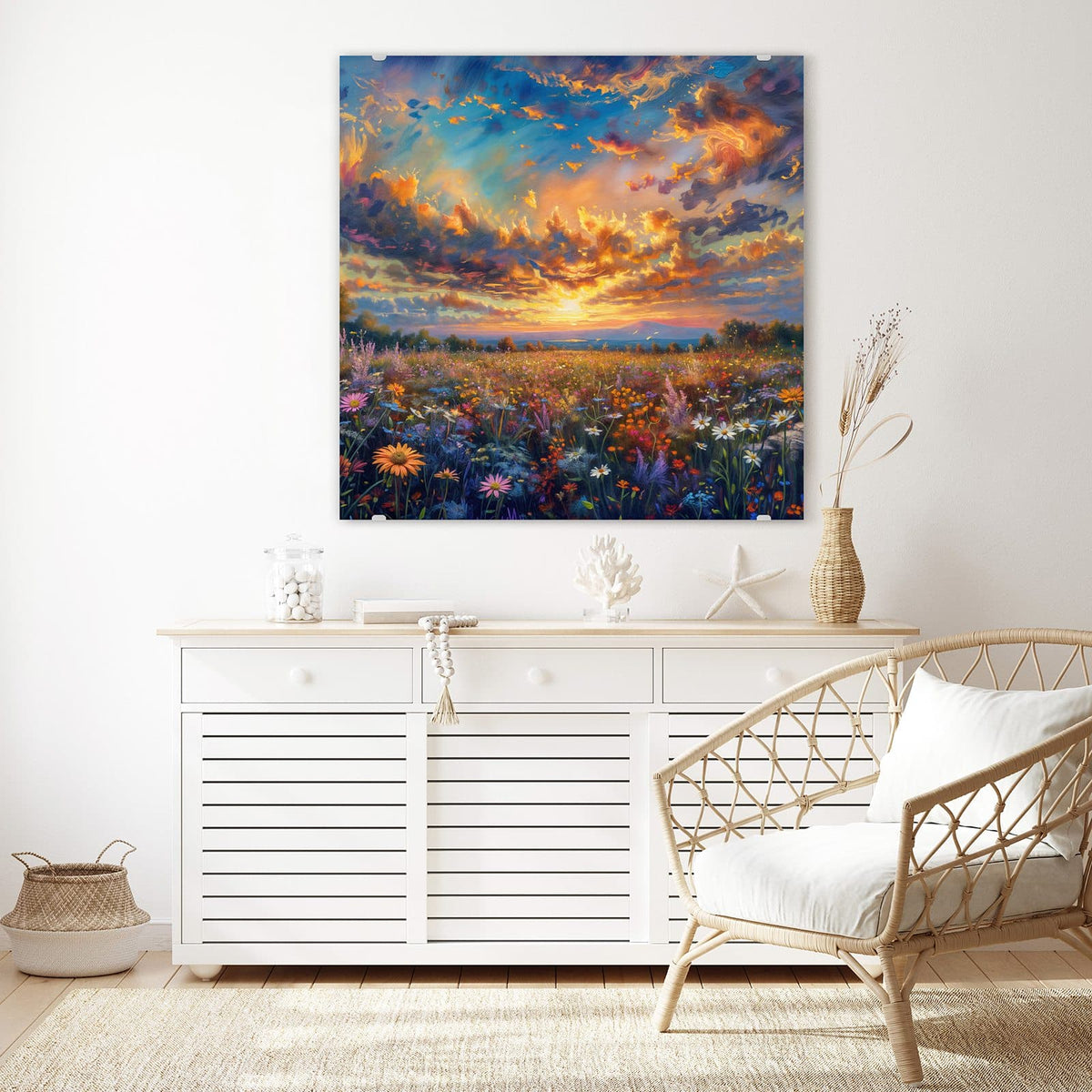 Echtglas, 4 mm – kein Acryl, keine Folie – Wandbild - Gemalte Wildblumen - Quadratisch