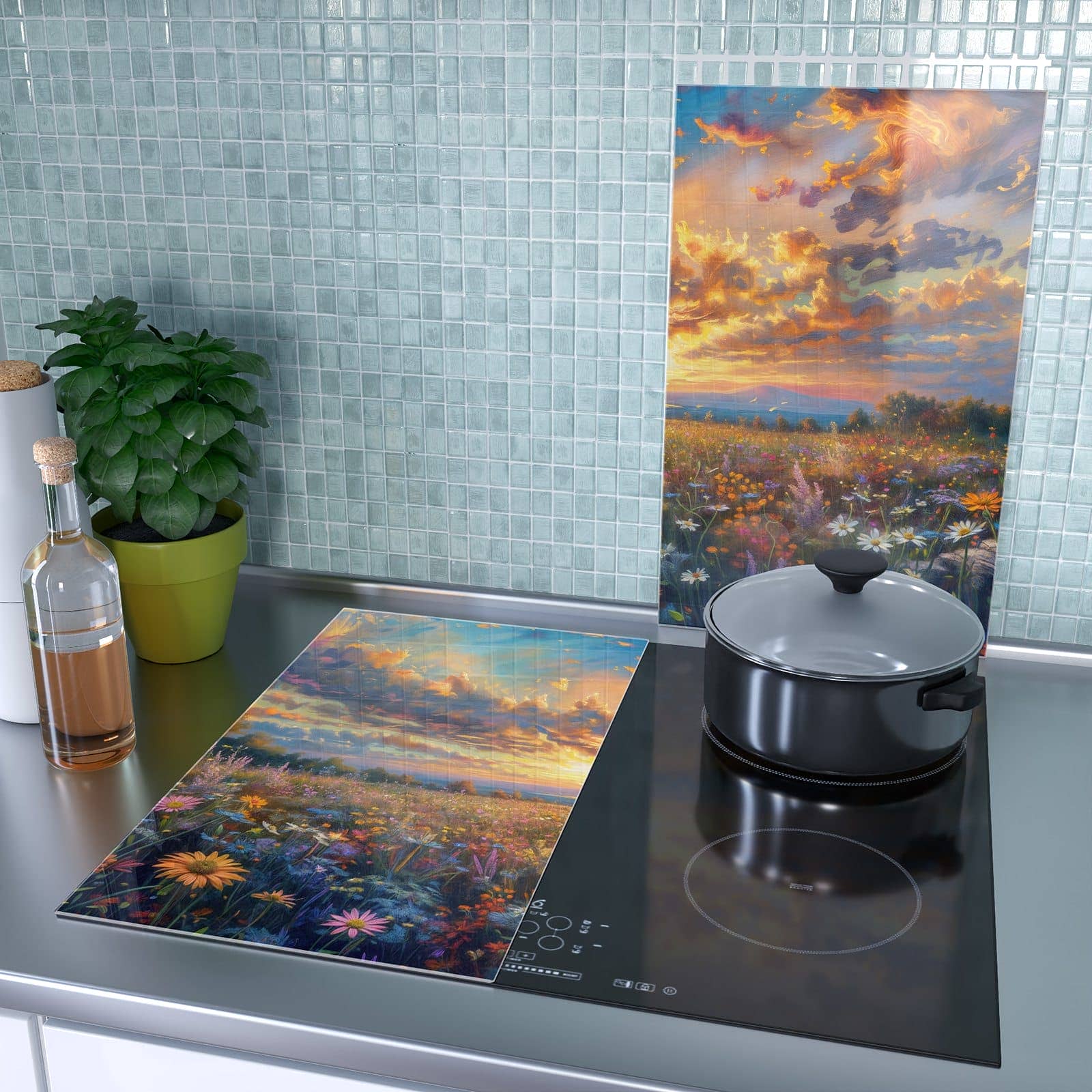 2-teilige Abdeckplatten Ceranfeld mit Wildblumenwiese Abendrot-Motiv als Spritzschutz hinter dem Kochfeld