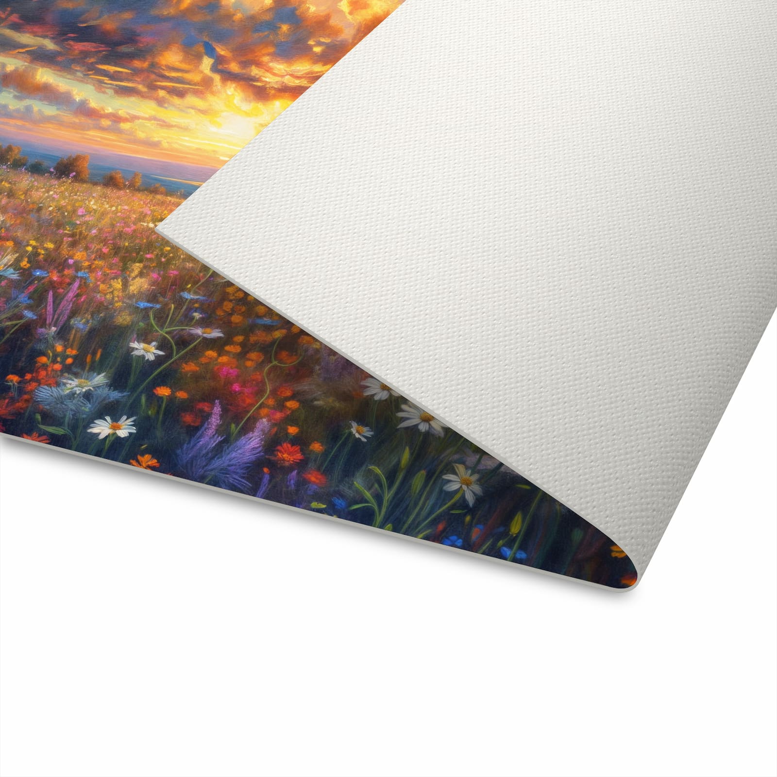 Waschbarer Küchenteppich mit Motiv Sonnenuntergang von Blumenwiese auf der Unterseite
