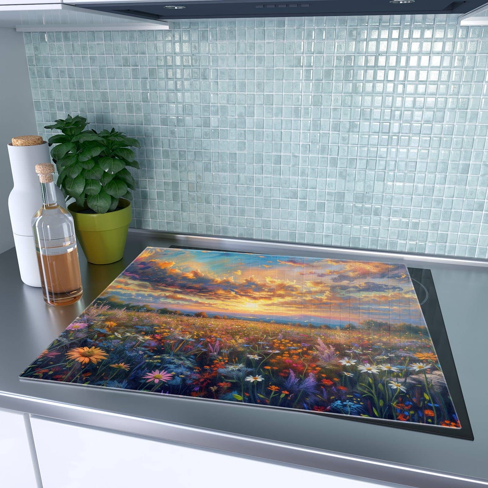 1-teilige Herdabdeckplatte mit Wildblumenwiese Abendrot-Motiv auf dem Ceranfeld