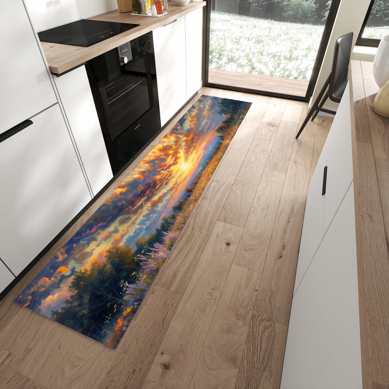 UV-beständiger Bodenläufer mit Motiv Sonnenuntergang von Blumenwiese in moderner Küche