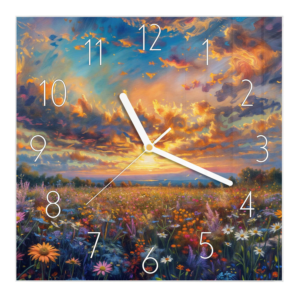 Wanduhr aus Glas, Ziffernblatt Elegant: Gemalte Wildblumenwiese unter dramatisch aufgerissenem Abendhimmel, impressionistisch #ziffernblatt_Elegant