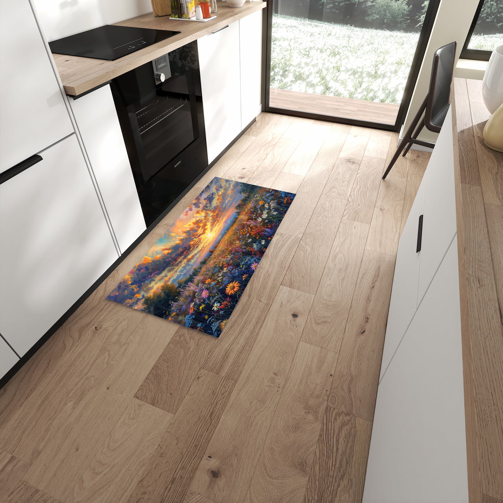 Waschbarer Küchenteppich mit Motiv Sonnenuntergang von Blumenwiese in moderner Küche für sichere Aufbewahrung #grösse_60 x 120 cm