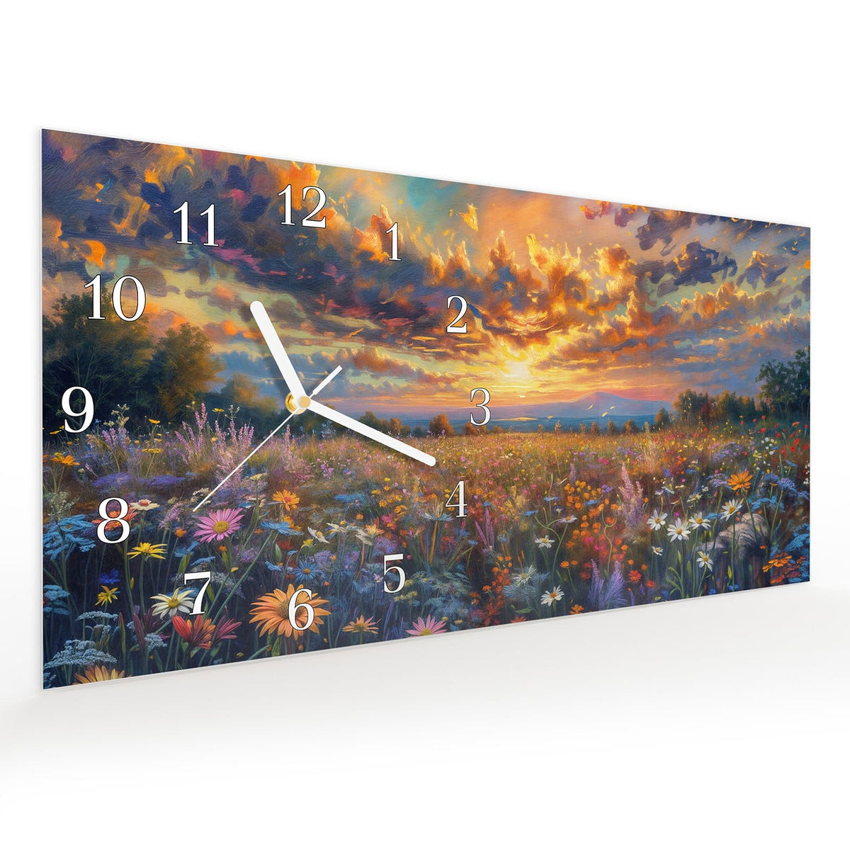 Vormontiert – mit Schwebeeffekt – Wanduhr Wildblumenwiese Abendrot aus Glas – Querformat 60 × 30 cm