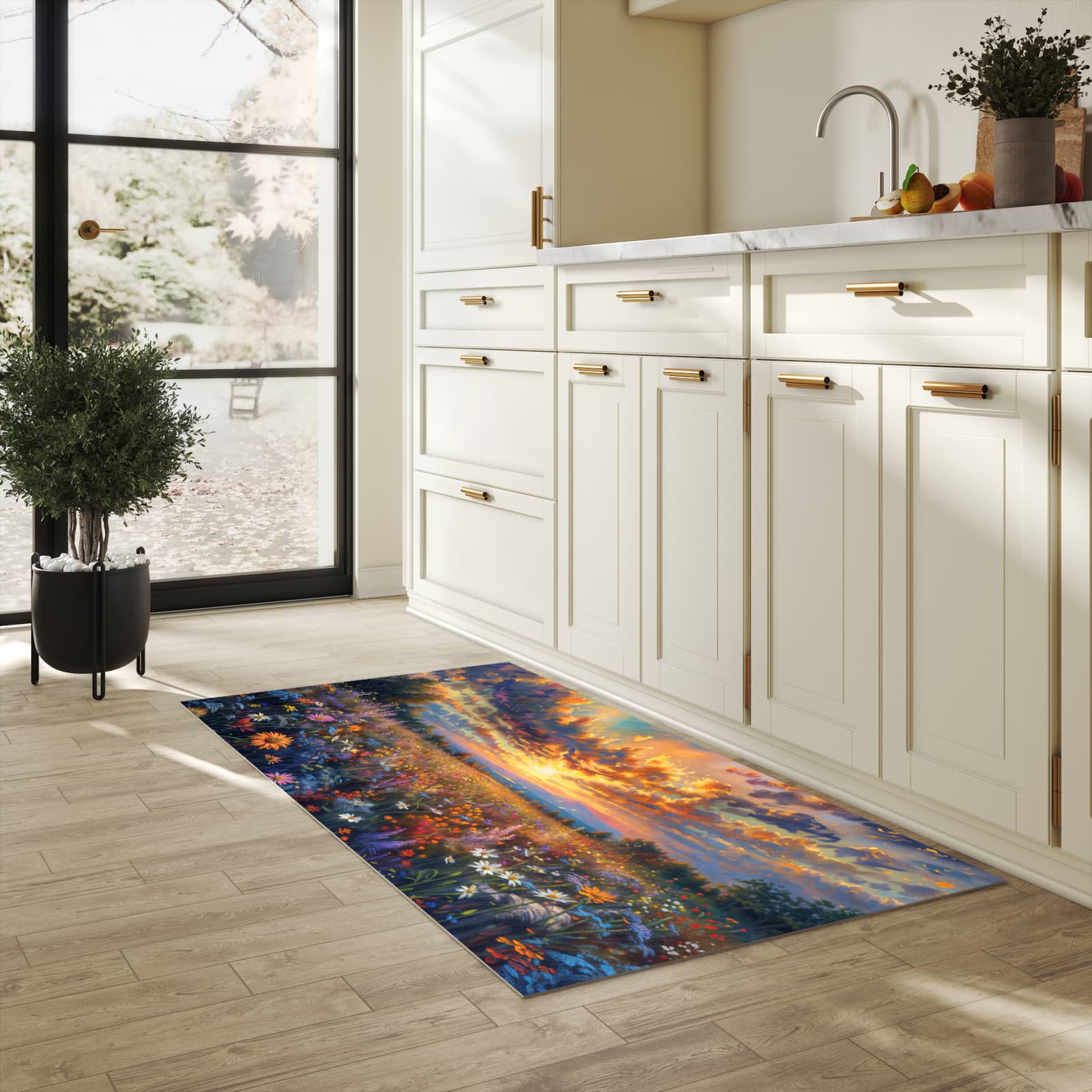 Waschbarer Küchenteppich mit Motiv Sonnenuntergang von Blumenwiese in heller Küche für sichere Aufbewahrung