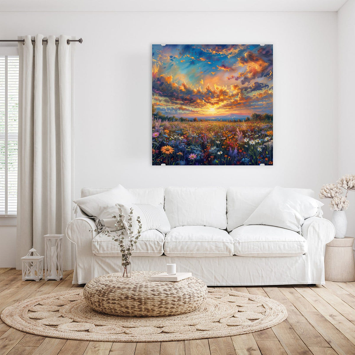 Glasbild Gemalte Wildblumen an der Wand – Gemalte Wildblumenwiese unter dramatisch aufgerissenem Abendhimmel, impressionistisch