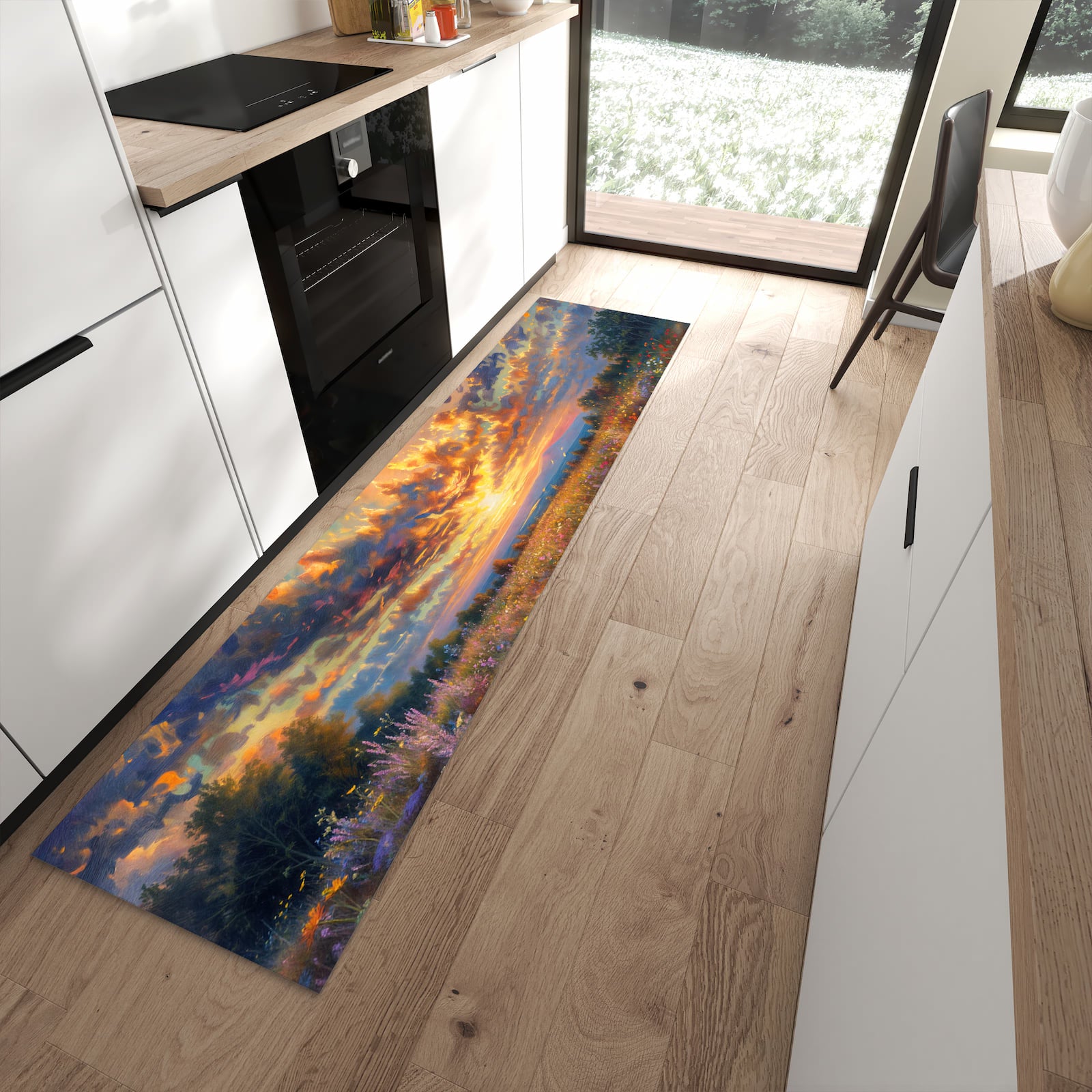 Abriebfester rutschfester Küchenteppich mit Motiv Sonnenuntergang von Blumenwiese in moderner Küche