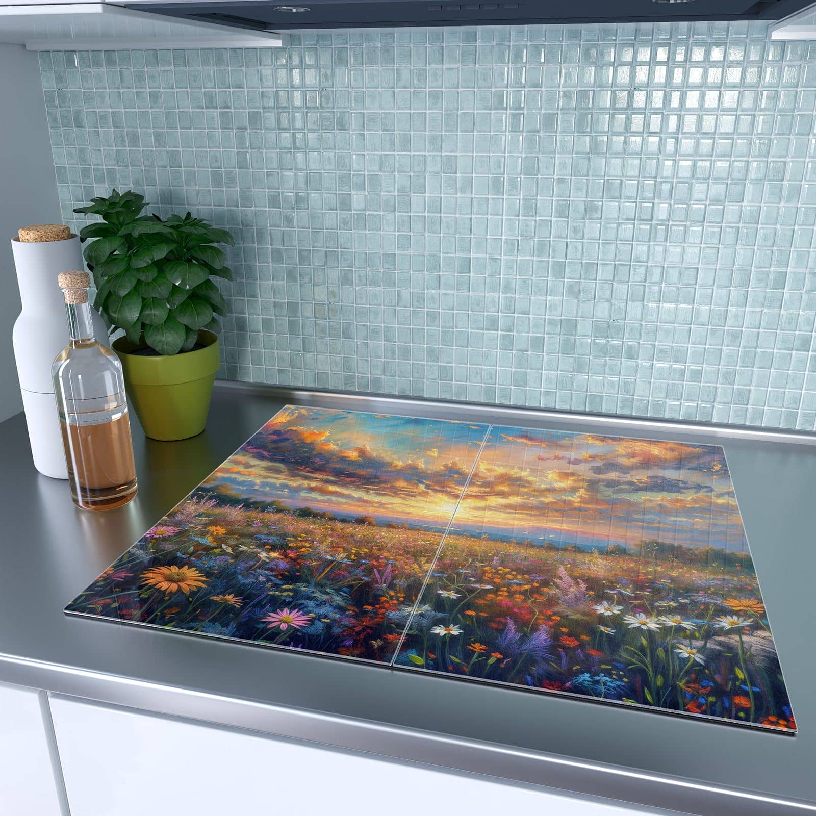 2-teilige Herdabdeckplatte mit Wildblumenwiese Abendrot-Motiv auf dem Ceranfeld