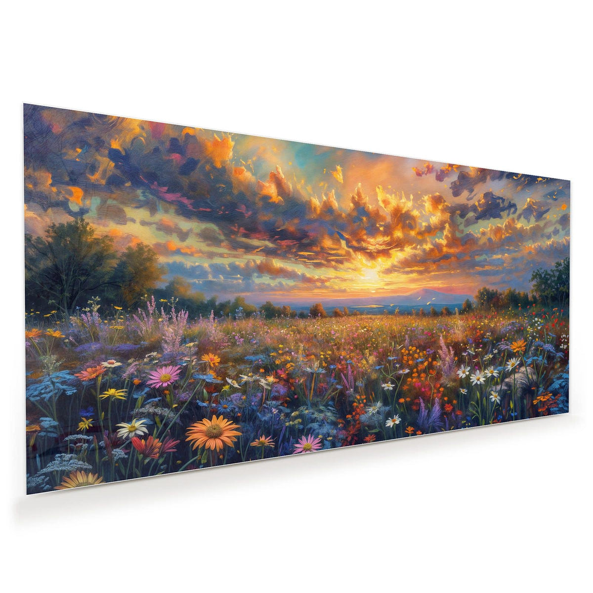 Gemalte Wildblumenwiese unter dramatisch aufgerissenem Abendhimmel, impressionistisch