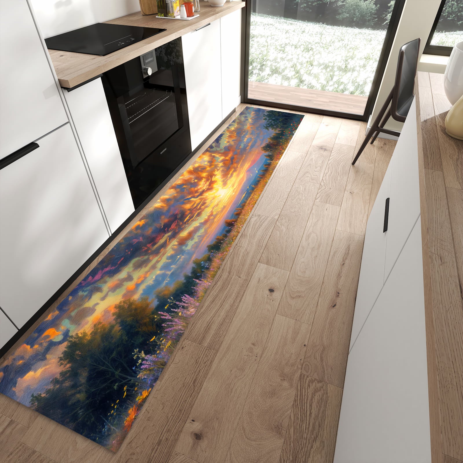 Komfortabler Bodenläufer-Teppich mit Motiv Sonnenuntergang von Blumenwiese in moderner Küche