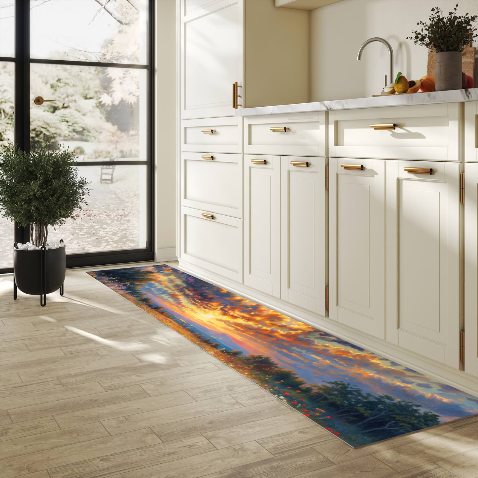 Feuchtigkeitsresistenter Küchenteppich mit Motiv Sonnenuntergang von Blumenwiese in heller Küche