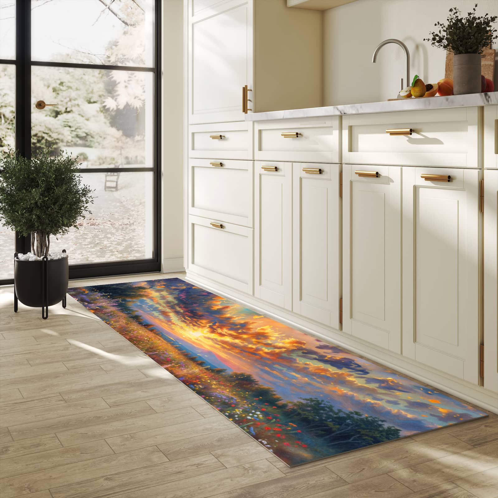 Farbbeständiger Küchenteppich mit Motiv Sonnenuntergang von Blumenwiese in heller Küche