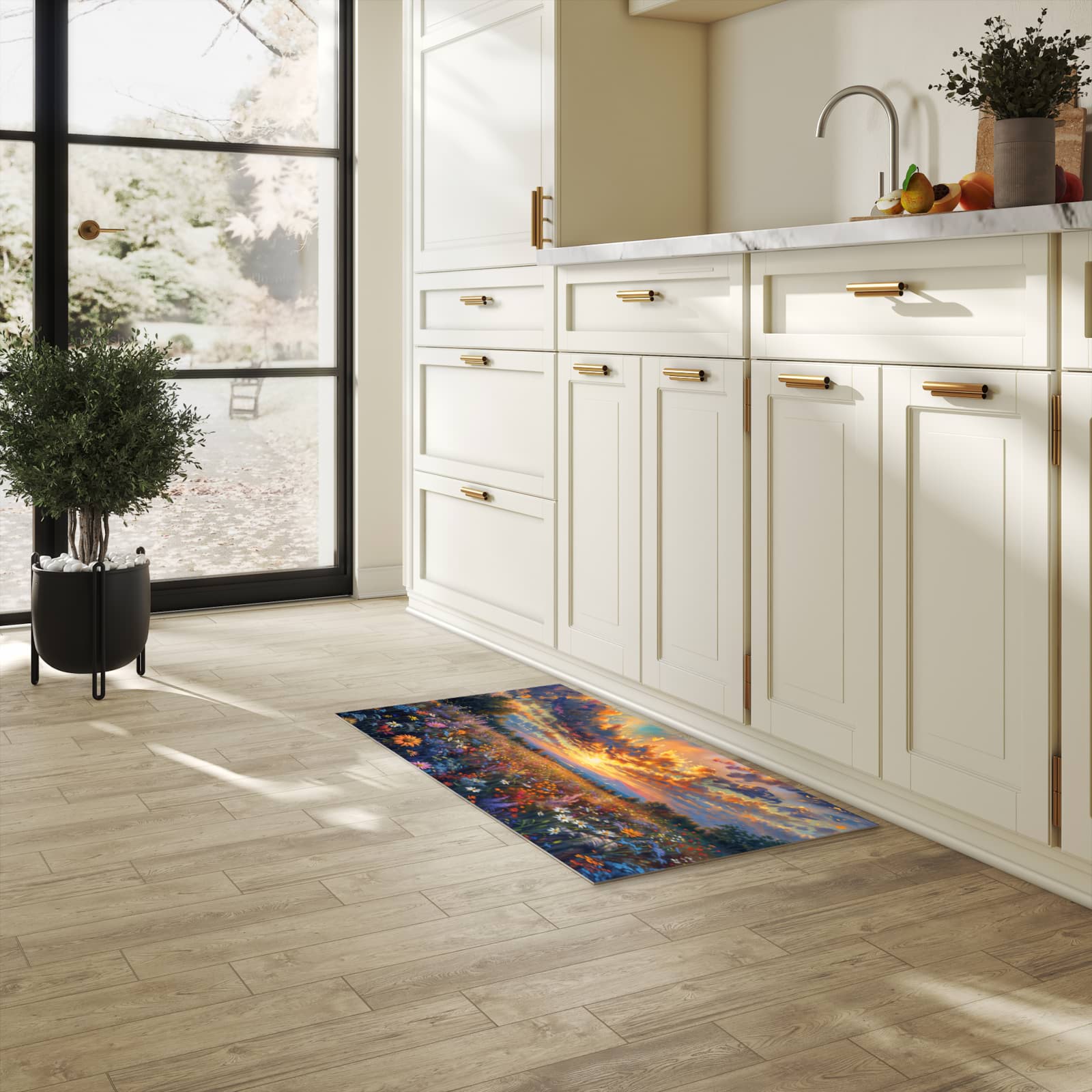 Hygienischer Teppich fürs Esszimmer mit Motiv Sonnenuntergang von Blumenwiese in heller Küche
