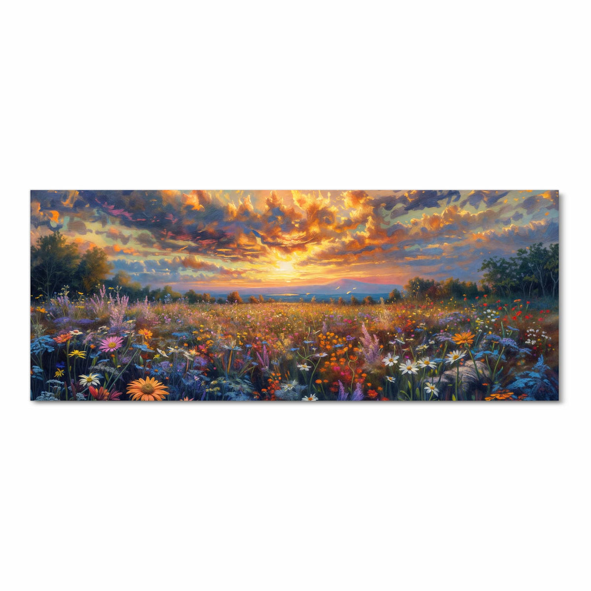 Gemalte Wildblumenwiese unter dramatisch aufgerissenem Abendhimmel, impressionistisch