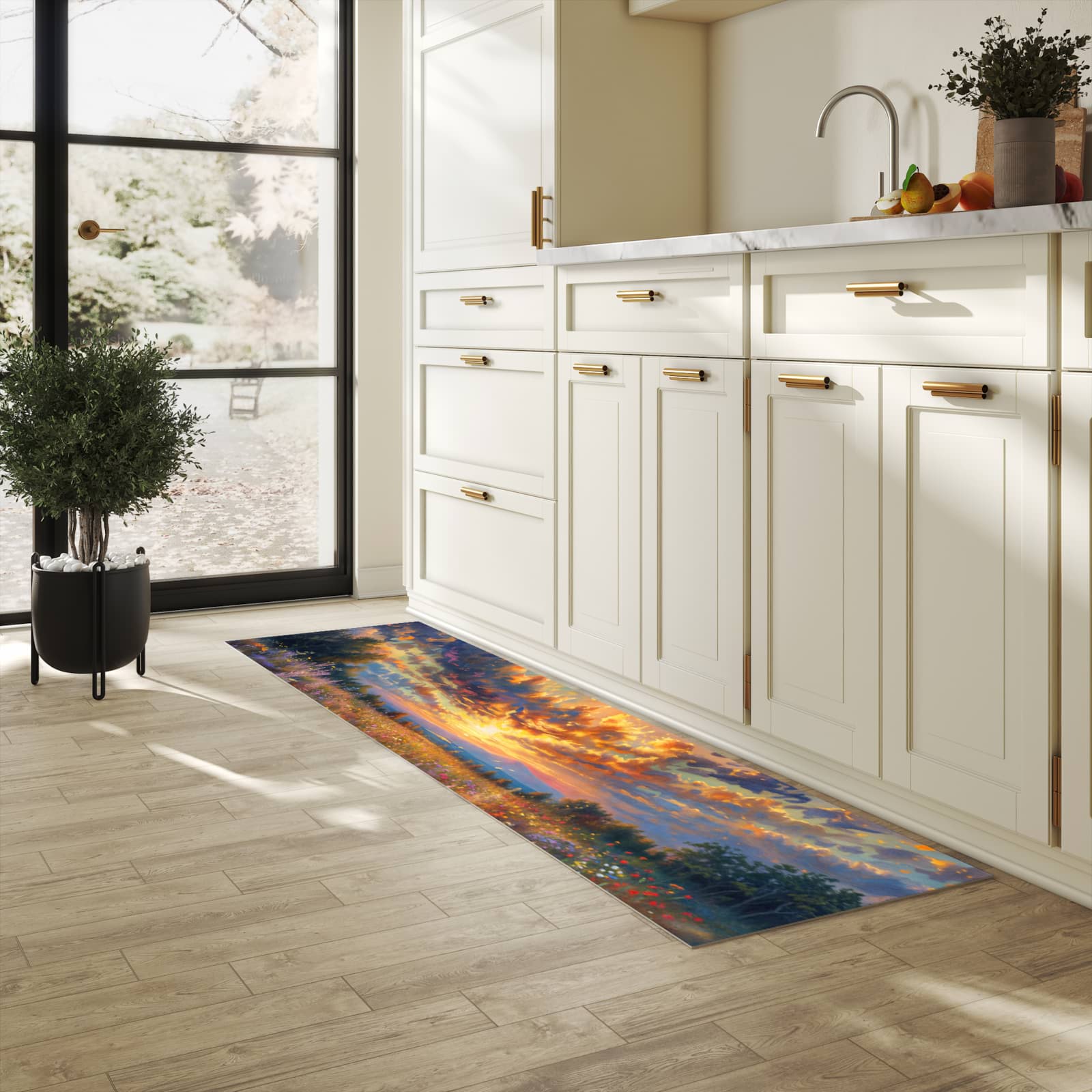 Langlebiger Bodenläufer mit Motiv Sonnenuntergang von Blumenwiese in heller Küche