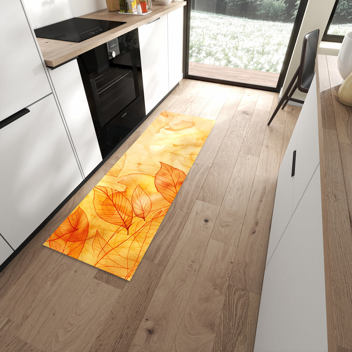 Hygienischer Küchenteppich mit Motiv Herbstblätter in moderner Küche - waschbar