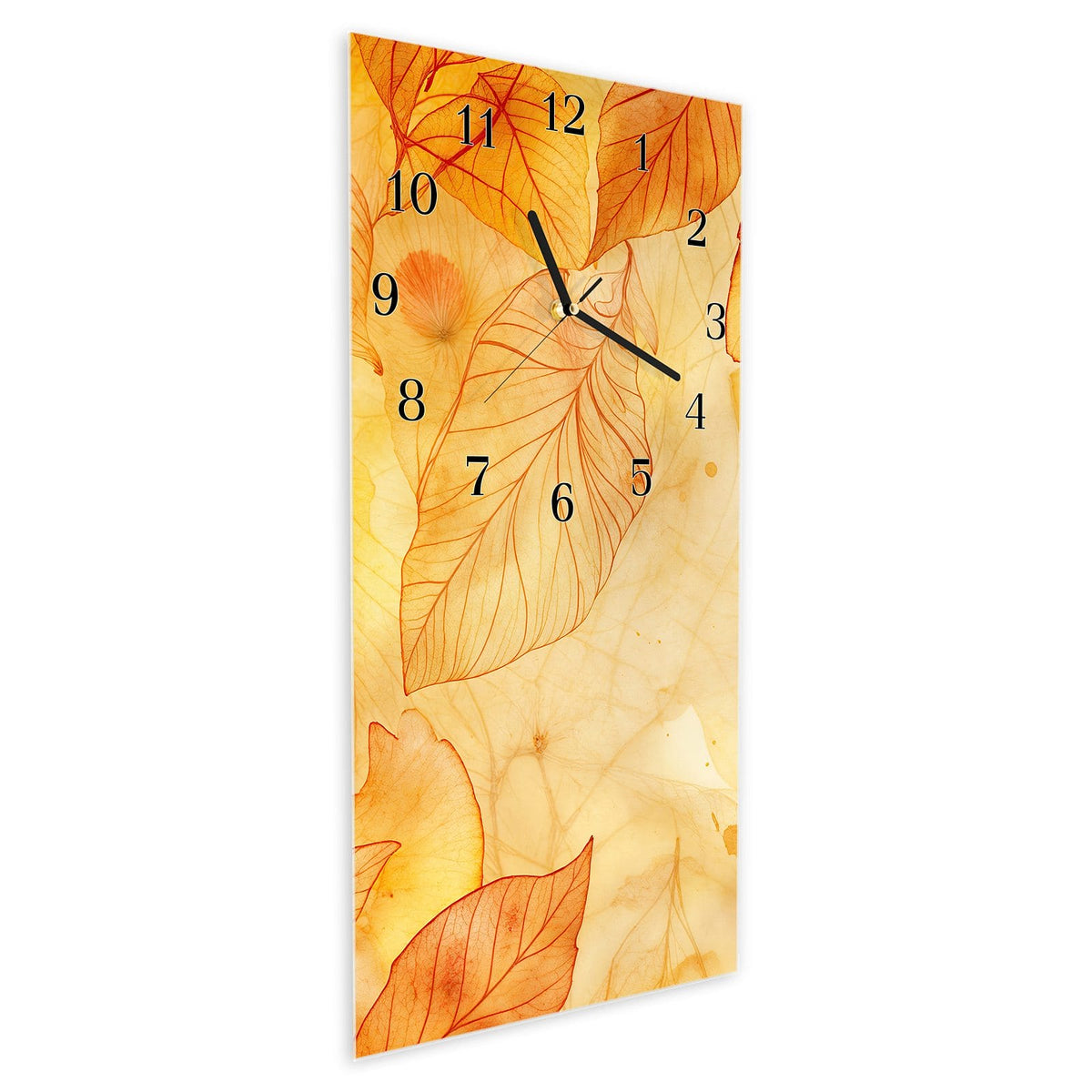 Vormontiert – mit Schwebeeffekt – Wanduhr Herbstblätter aus Glas – Hochformat 30 × 60 cm