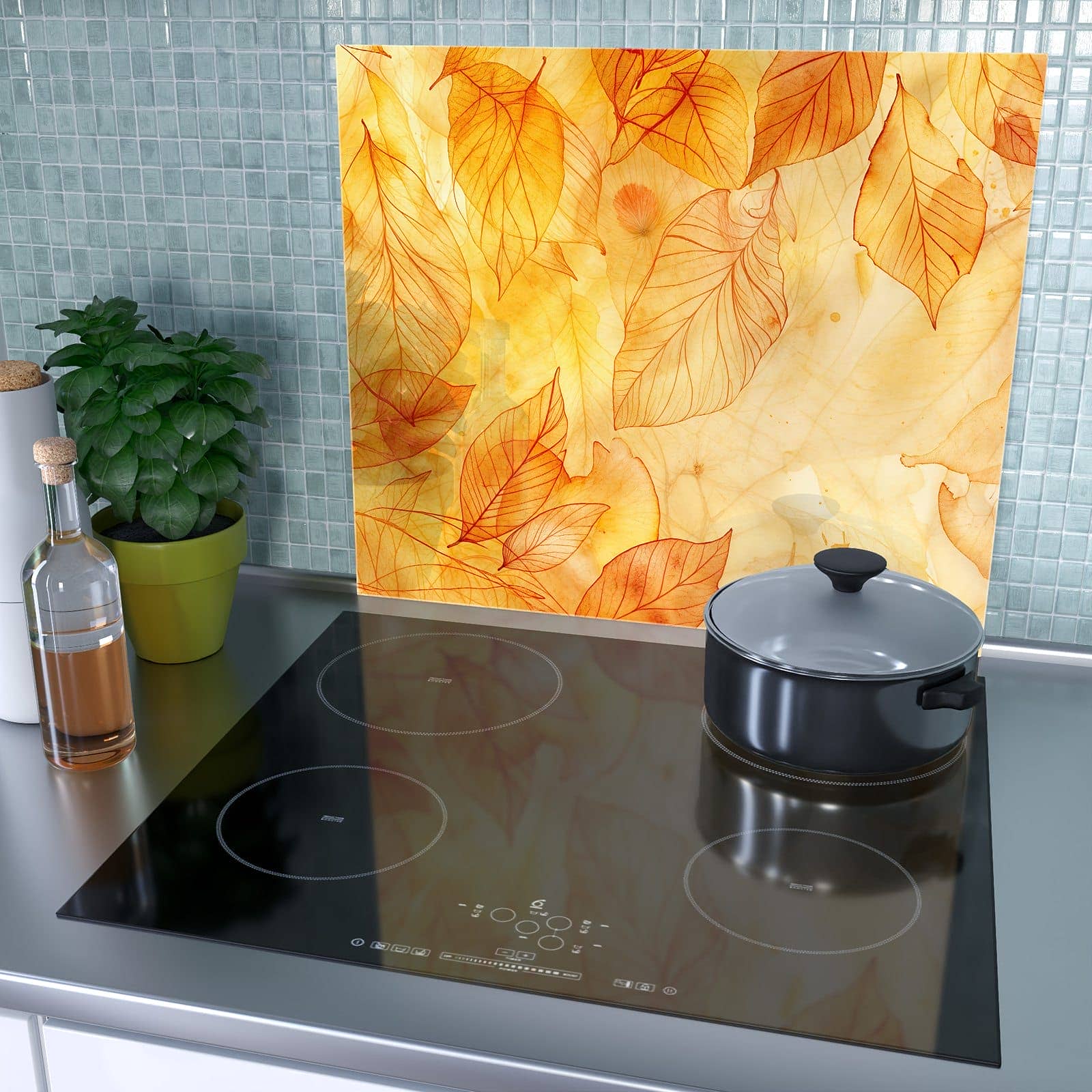 1-teilige Abdeckplatte für Ceranfeld mit Herbstblätter-Motiv als Spritzschutz hinter dem Kochfeld