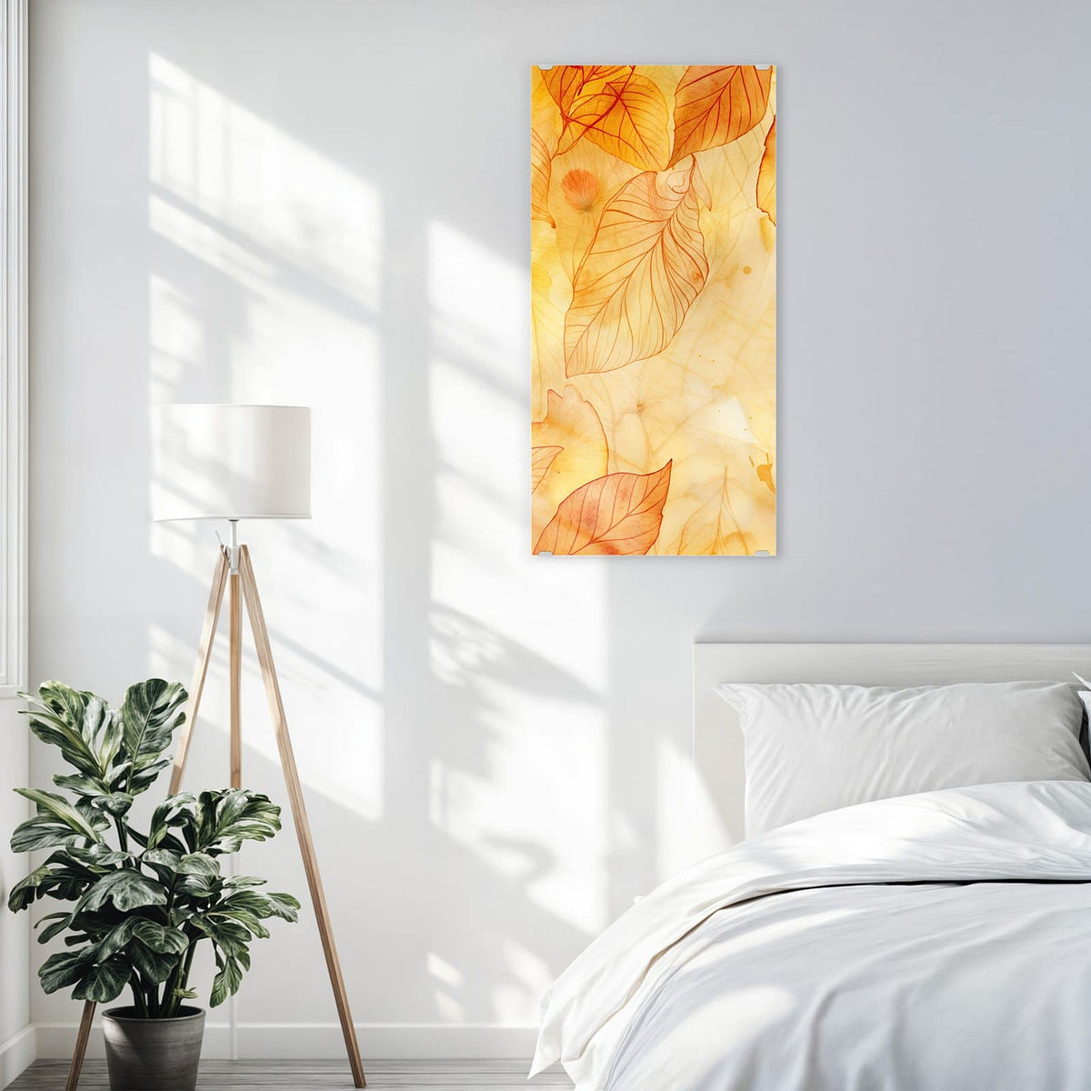 Glasbild Durchscheinendes Laub an der Wand – Aquarellartige, durchscheinende Blätter in Gold, Orange und Bernstein, übereinandergelegt