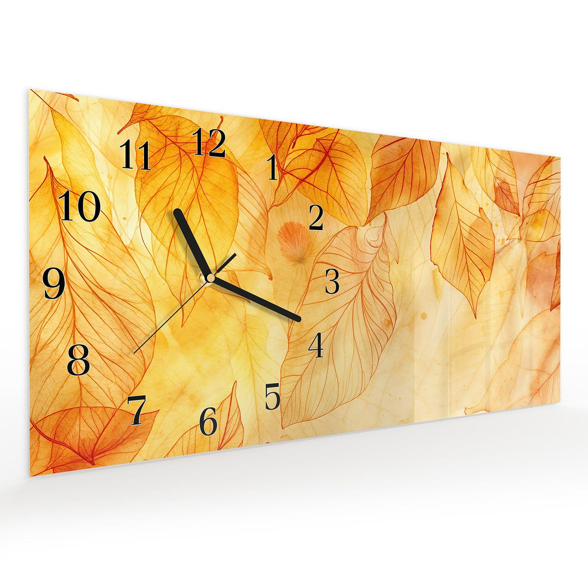 Vormontiert – mit Schwebeeffekt – Wanduhr Herbstblätter aus Glas – Querformat 60 × 30 cm