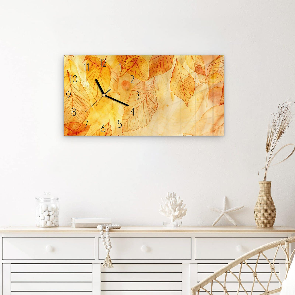 Wanduhr Herbstblätter aus Glas – Querformat 60 × 30 cm – Transparente Blätter in Herbsttönen