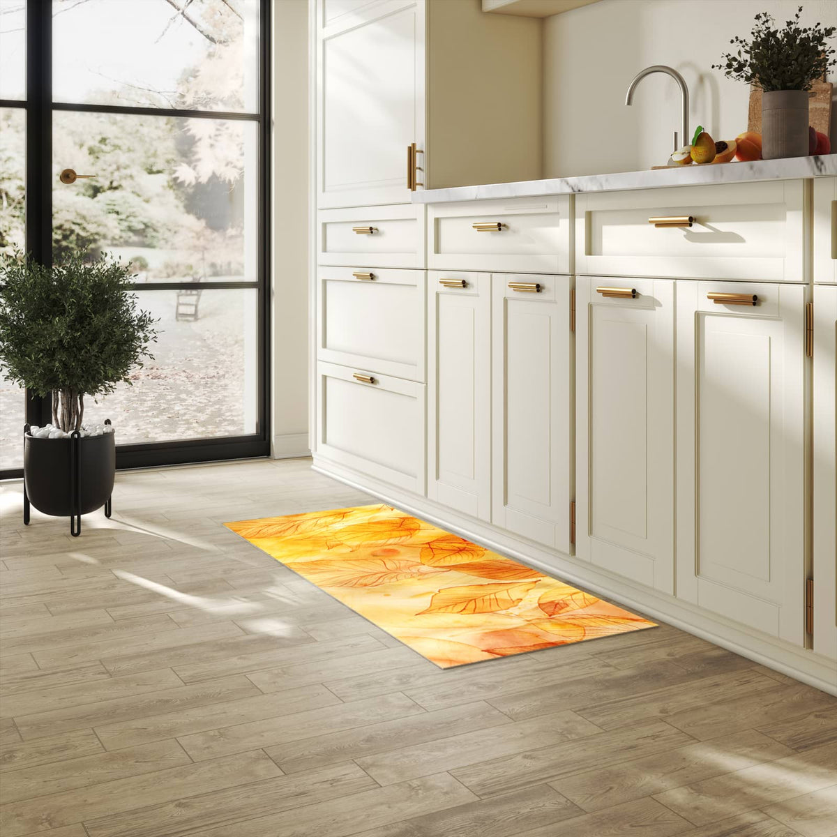 Waschbarer Küchenteppich mit Motiv Herbstblätter für Trittkomfort in heller Küche