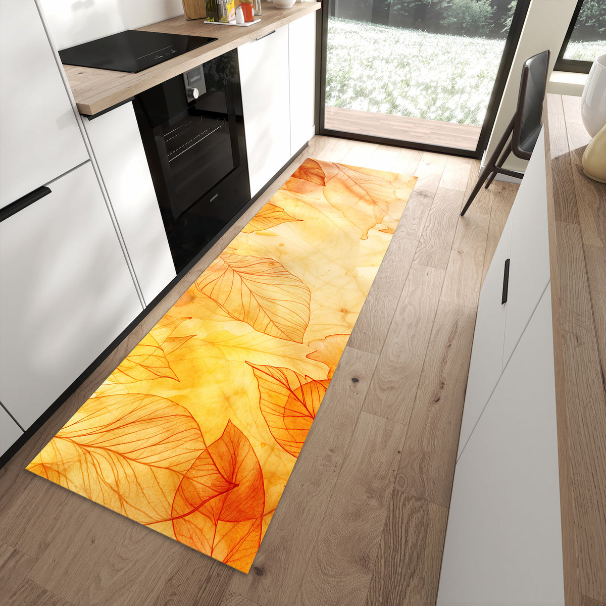 Bodenschonender langer Teppich mit Motiv Herbstblätter in moderner Küche